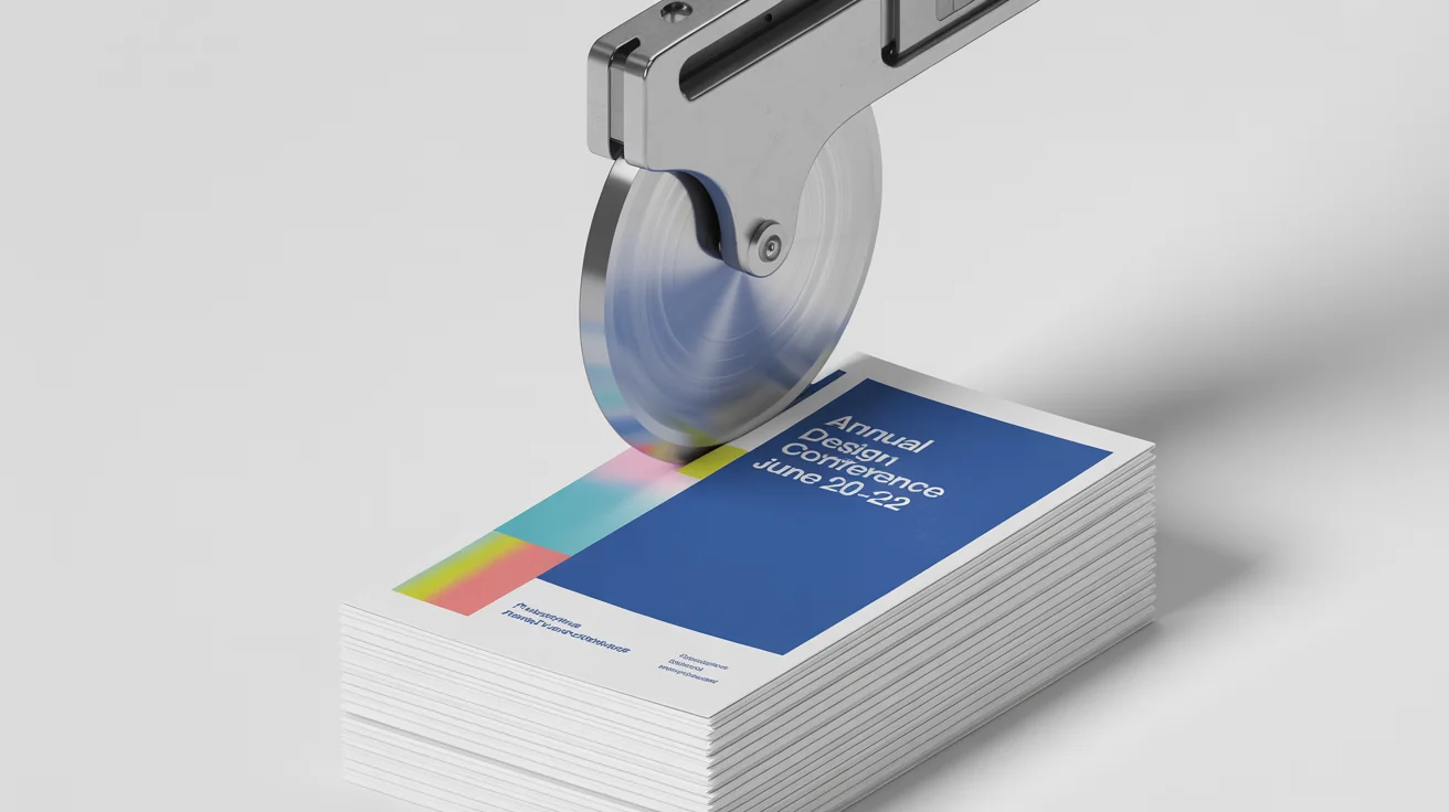 A close-up image showing a stack of flyers being trimmed by a paper cutter, illustrating the concept of a print bleed where the design extends past the cut line.