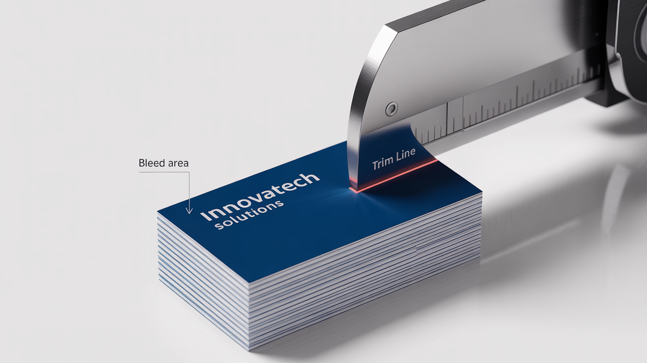 A photorealistic mockup illustrating print bleed, showing a business card with its background color extending beyond the designated trim lines before being cut.