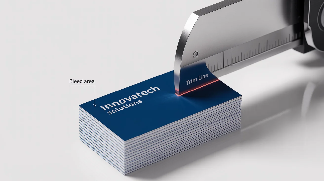 A photorealistic mockup illustrating print bleed, showing a business card with its background color extending beyond the designated trim lines before being cut.