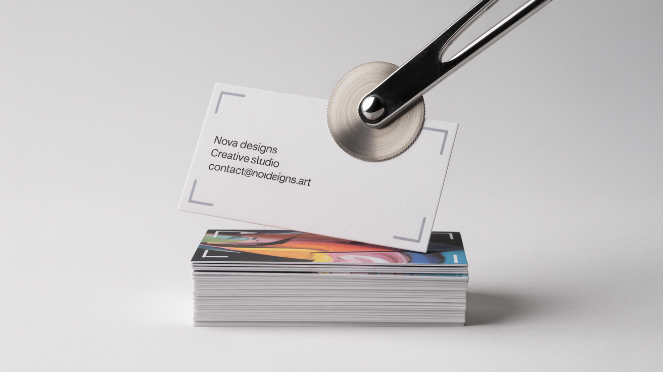 A photorealistic mockup illustrating print bleed, showing a business card with crop marks and a design that extends past the trim lines, ready to be cut.