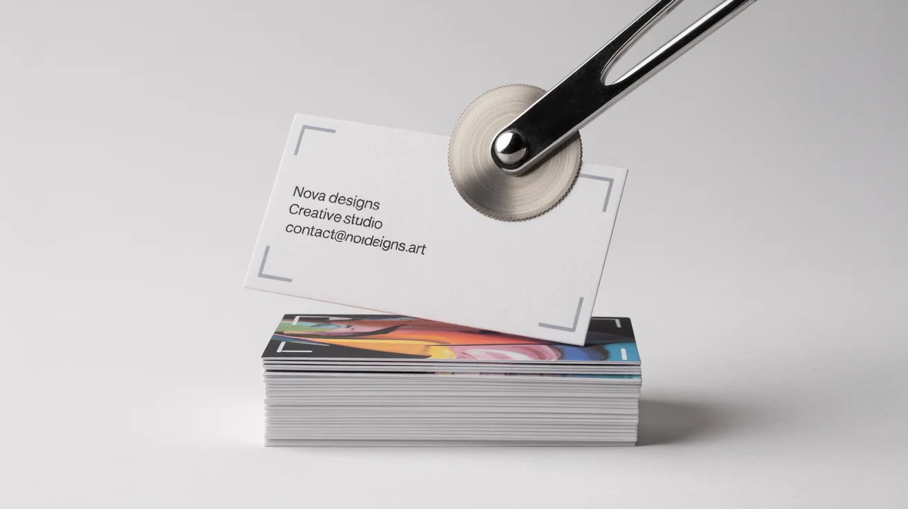 A photorealistic mockup illustrating print bleed, showing a business card with crop marks and a design that extends past the trim lines, ready to be cut.