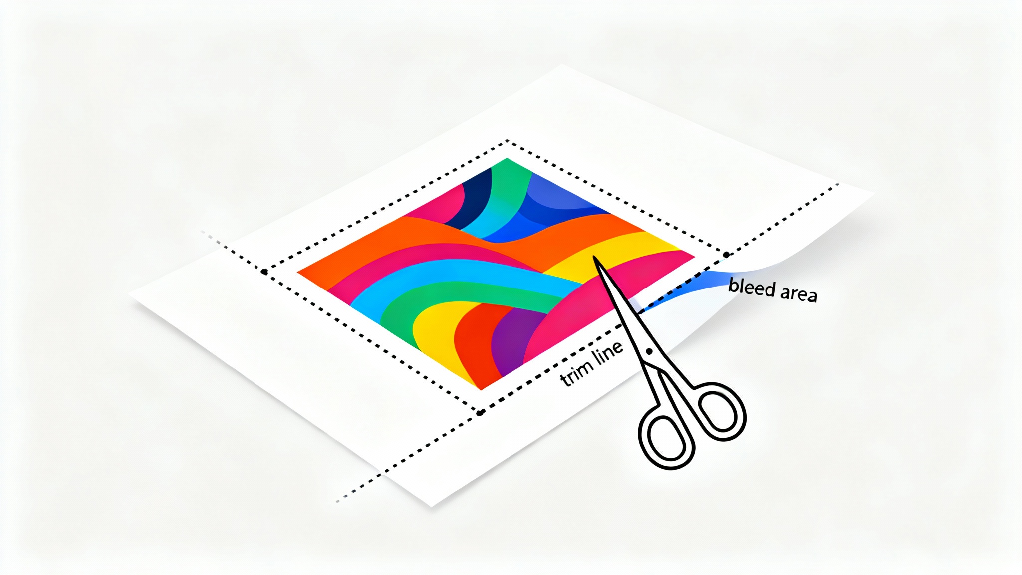 A simple graphic illustration demonstrating a print bleed, showing a design extending past the trim lines of a document before it is cut.