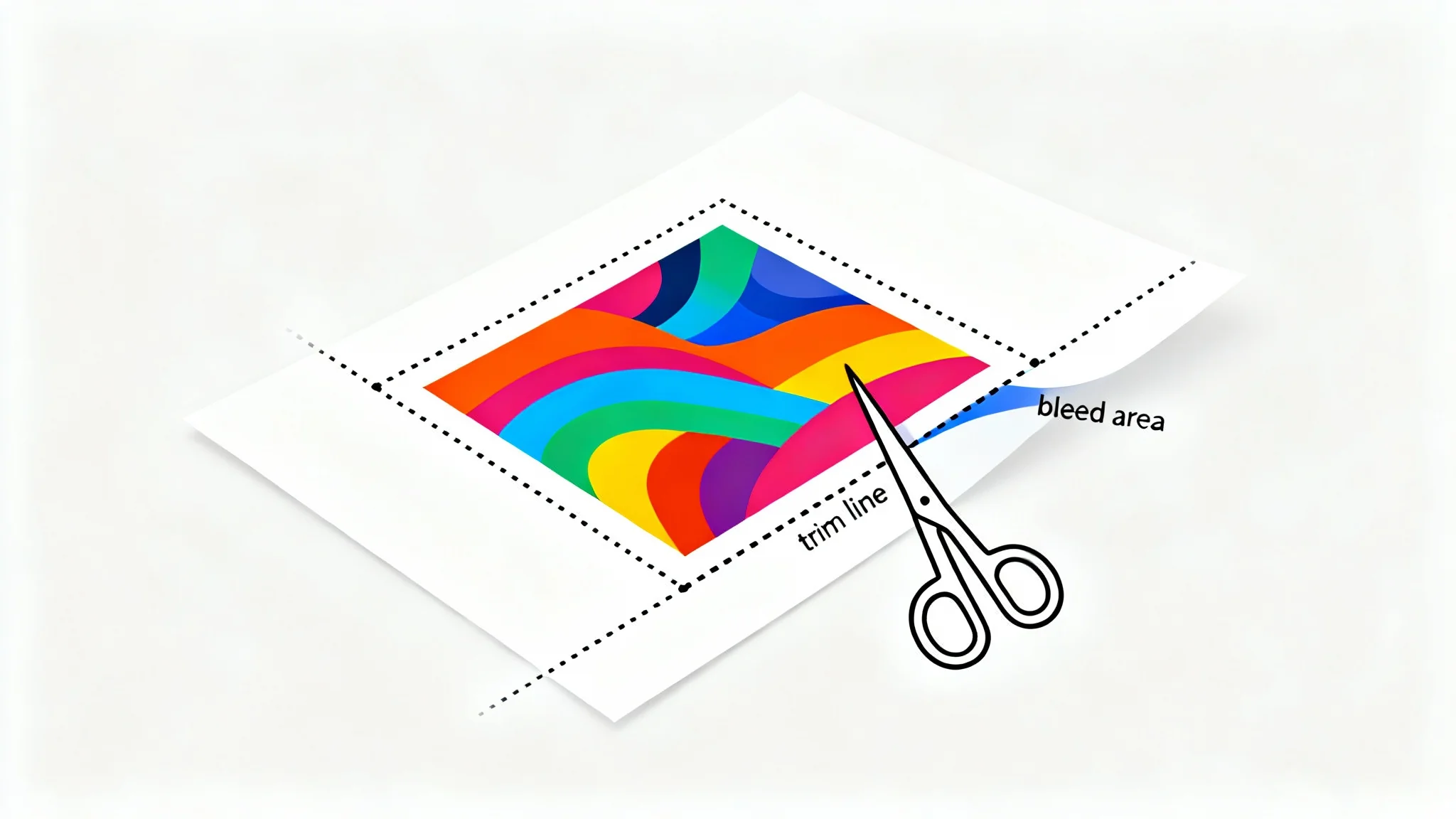 A simple graphic illustration demonstrating a print bleed, showing a design extending past the trim lines of a document before it is cut.