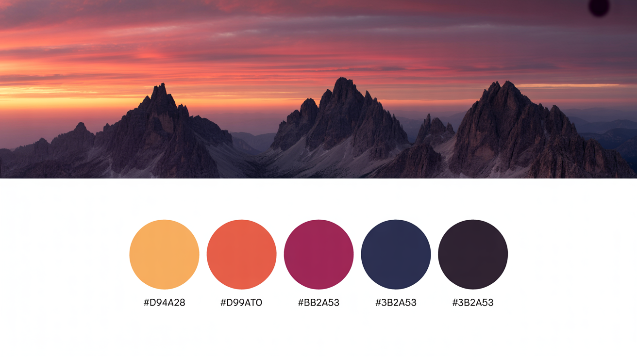 A hero image showing the result of a color palette extractor tool. The top portion displays a beautiful sunset over mountains, and the bottom portion shows five color swatches with hex codes, perfectly matching the colors from the sunset.