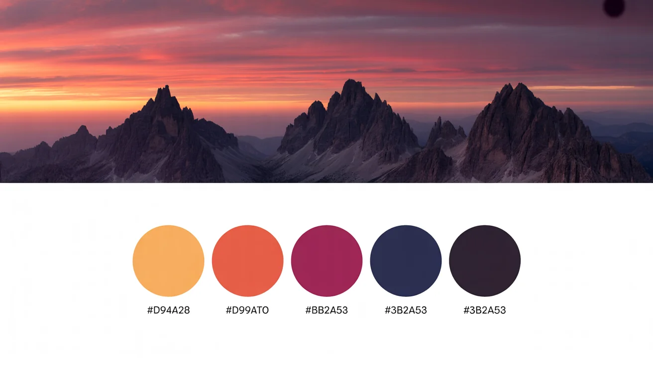 A hero image showing the result of a color palette extractor tool. The top portion displays a beautiful sunset over mountains, and the bottom portion shows five color swatches with hex codes, perfectly matching the colors from the sunset.