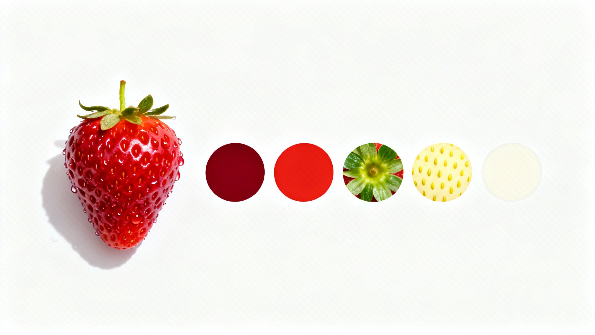 A conceptual image showing a vibrant photo of a strawberry on the left and a palette of five circular color swatches on the right, matching the colors of the strawberry, all on a clean white background.