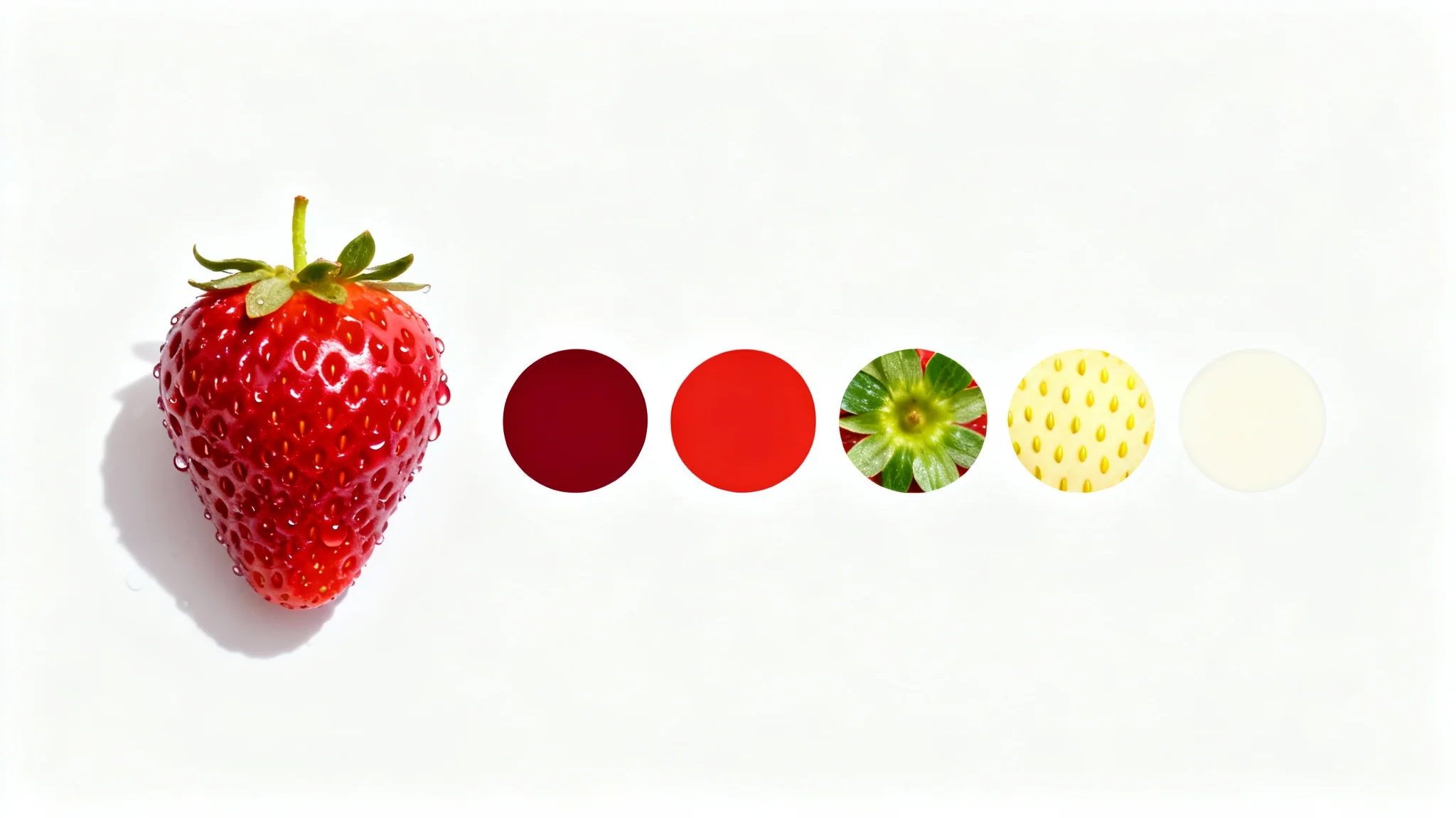 A conceptual image showing a vibrant photo of a strawberry on the left and a palette of five circular color swatches on the right, matching the colors of the strawberry, all on a clean white background.