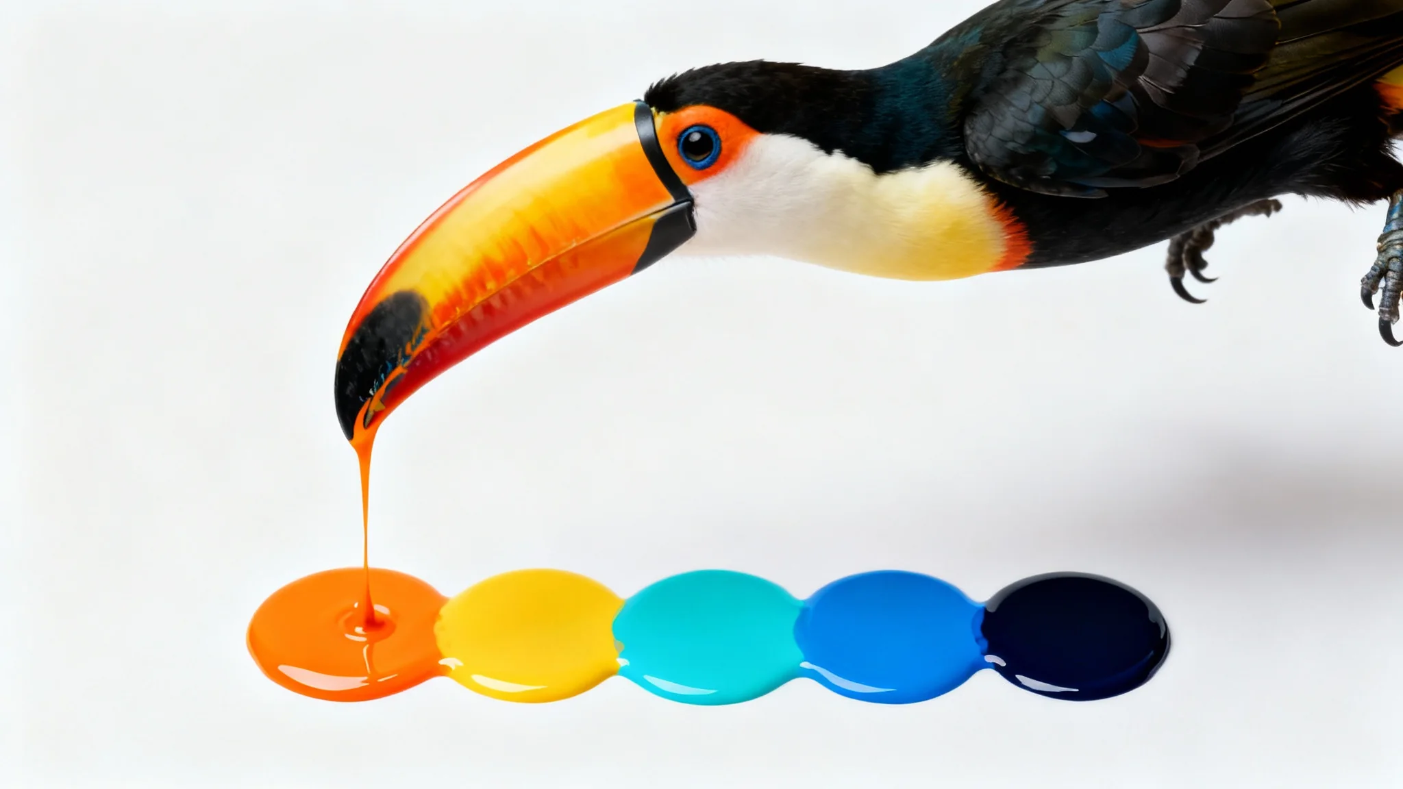 A conceptual image representing a color palette extractor, showing a photo of a toucan with its primary colors dripping down to form a clean color palette of circular swatches against a white background.