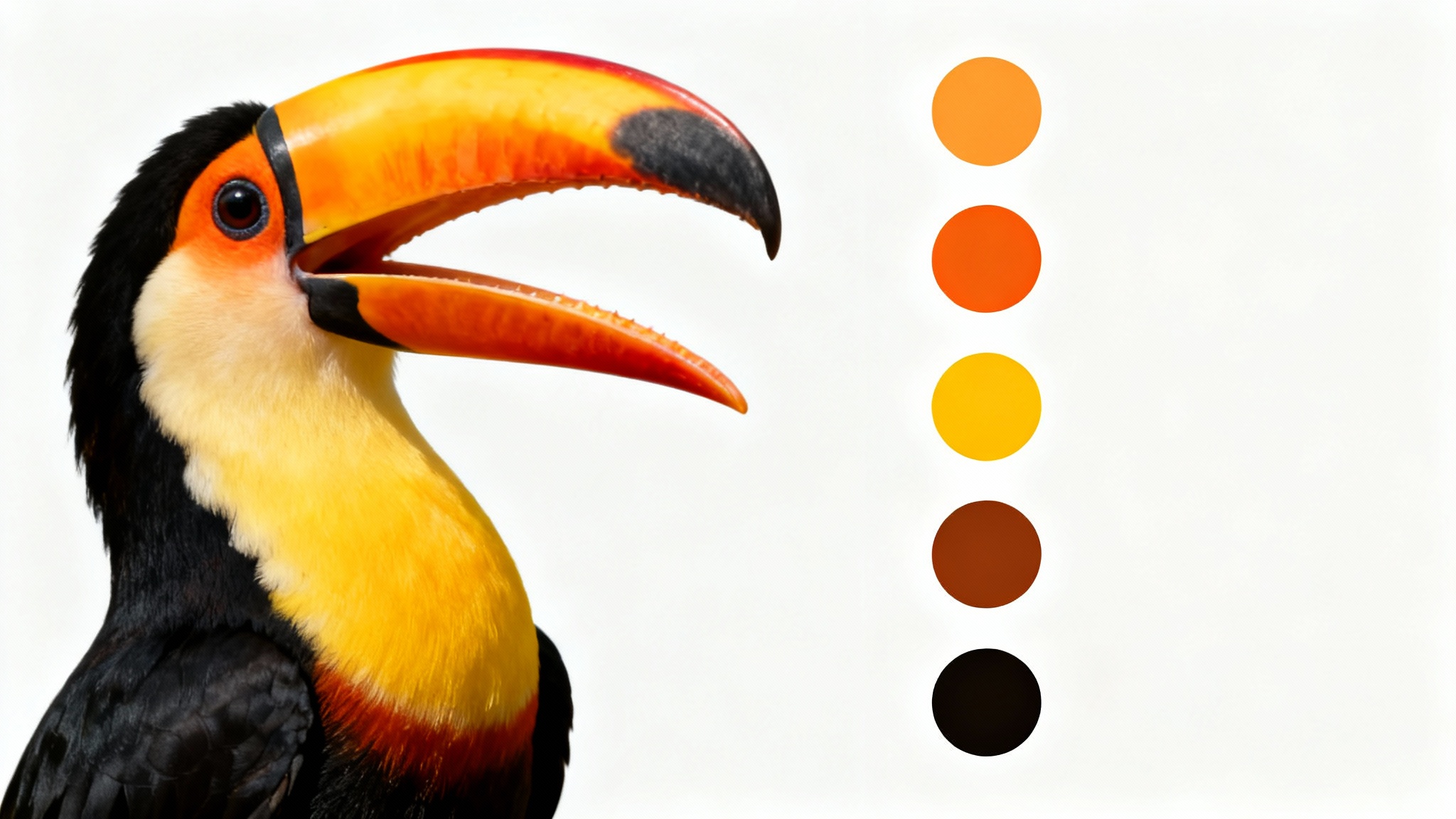 A vibrant photo of a toucan's colorful beak is displayed next to a color palette with five swatches that match the orange, yellow, and black colors from the bird, demonstrating a color palette extractor.