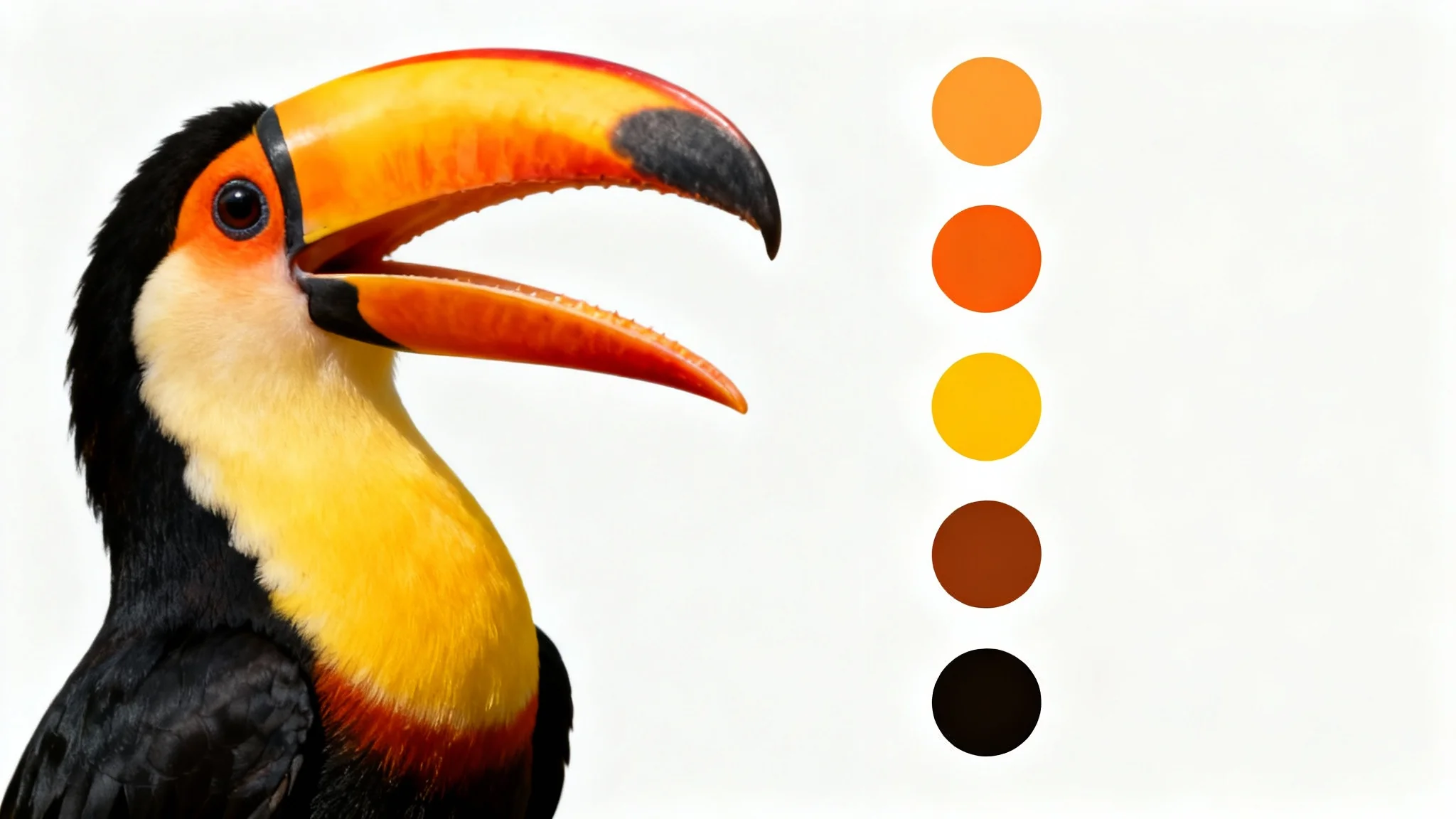 A vibrant photo of a toucan's colorful beak is displayed next to a color palette with five swatches that match the orange, yellow, and black colors from the bird, demonstrating a color palette extractor.