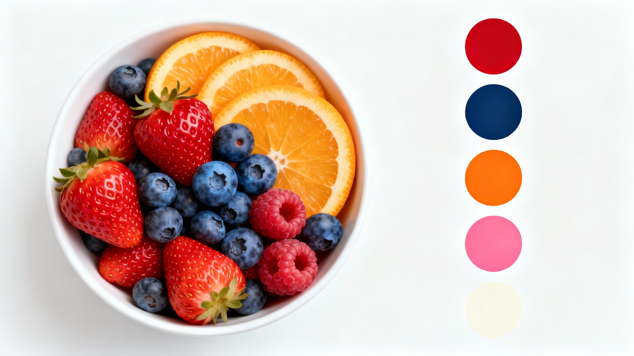 A photorealistic bowl of fruit next to a corresponding color palette of five circular swatches in red, blue, orange, pink, and white, demonstrating a color extraction concept.