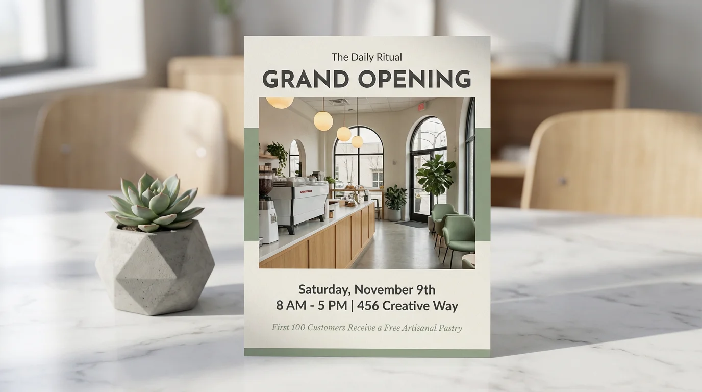 A professionally designed flyer for the grand opening of a coffee shop called 'The Daily Ritual', shown resting on a white marble table next to a small plant.