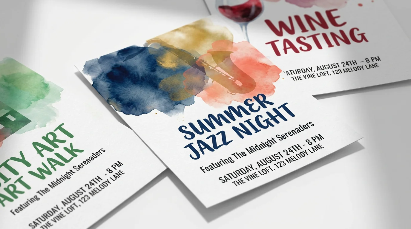 A mockup of three professionally designed flyers for a 'Summer Jazz Night' event, arranged artfully on a clean white background.