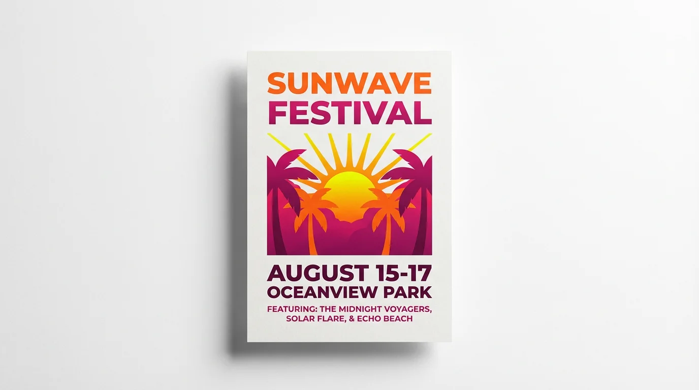 A professionally designed mockup of a flyer for a fictional 'Sunwave Festival,' featuring vibrant sunset colors, stylized palm trees, and event details against a clean white background.