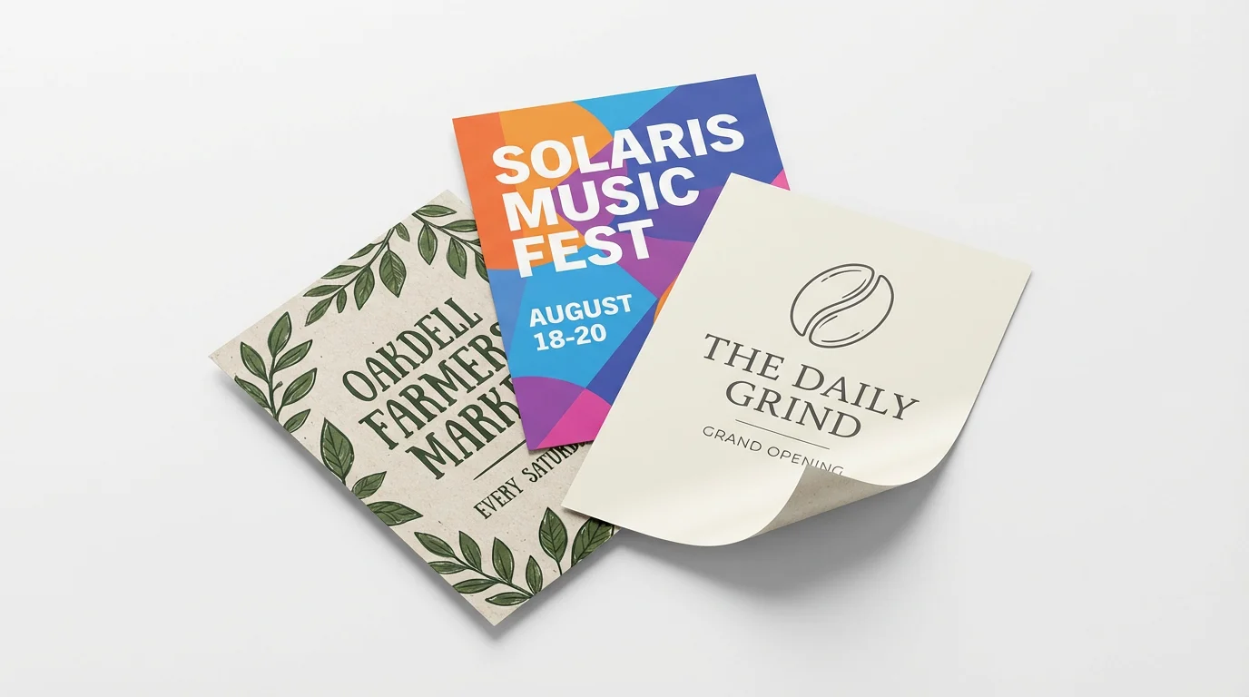 A professional mockup of three distinct event flyers for a music festival, a cafe opening, and a farmers market, arranged stylishly on a clean white background to showcase versatile flyer design.