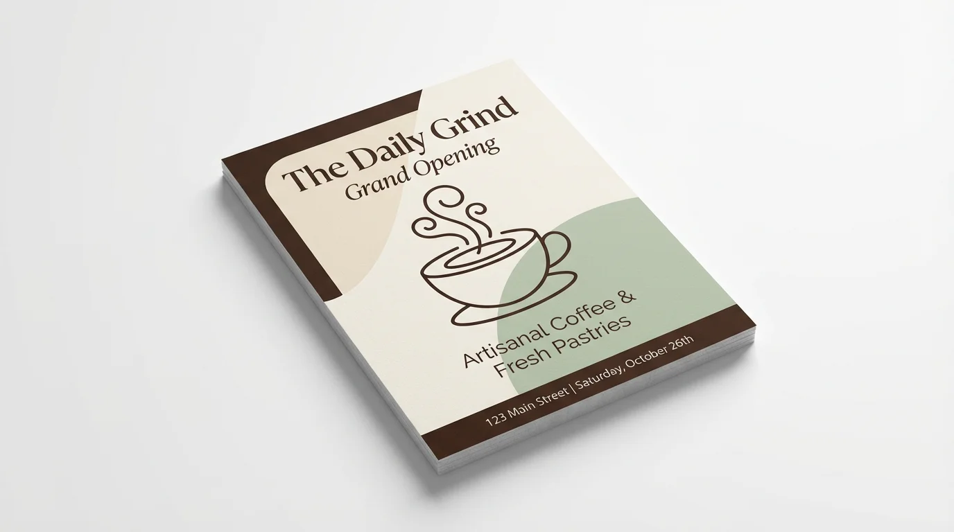 A professional mockup of a modern flyer for a coffee shop's grand opening, displayed at an angle on a clean white background.