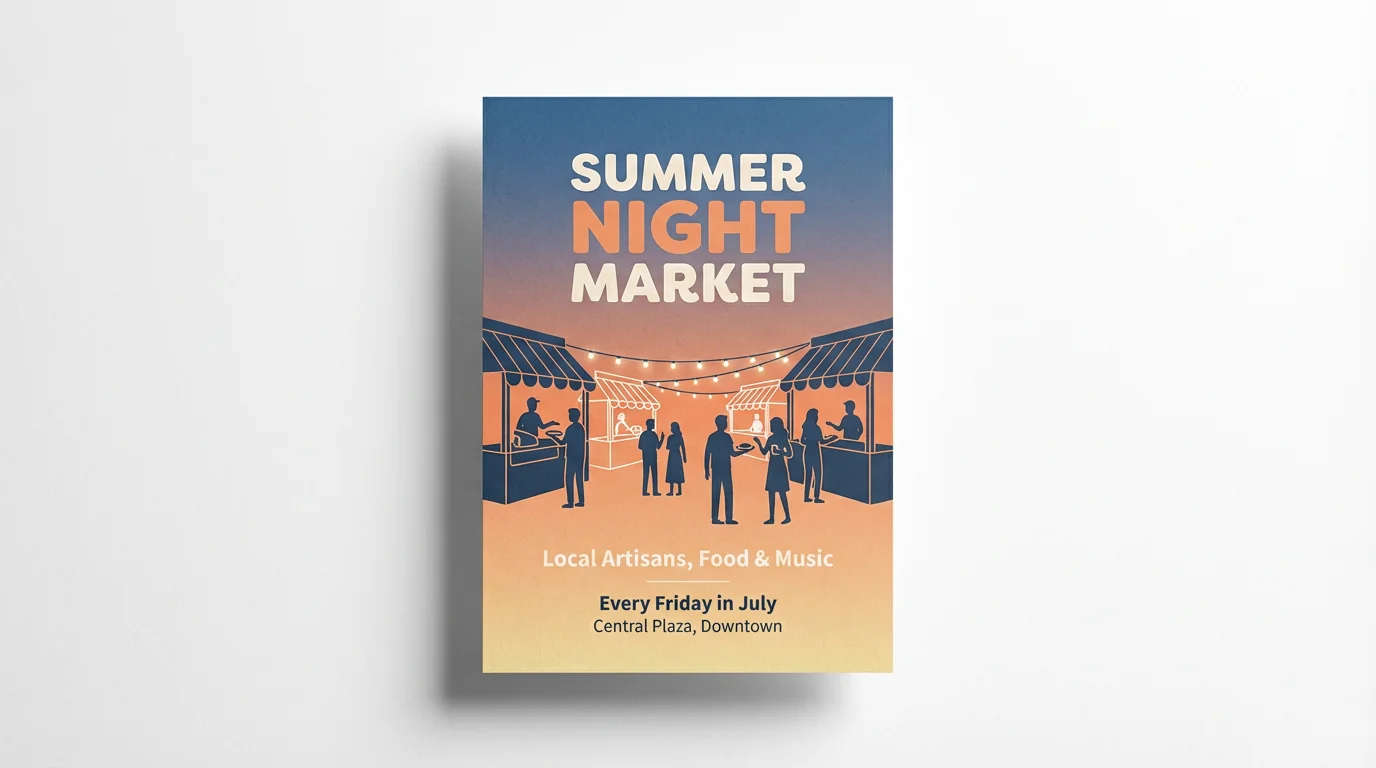 A professionally designed mockup of a flyer for a 'Summer Night Market' event, showcasing local artisans and food, set against a clean white background.