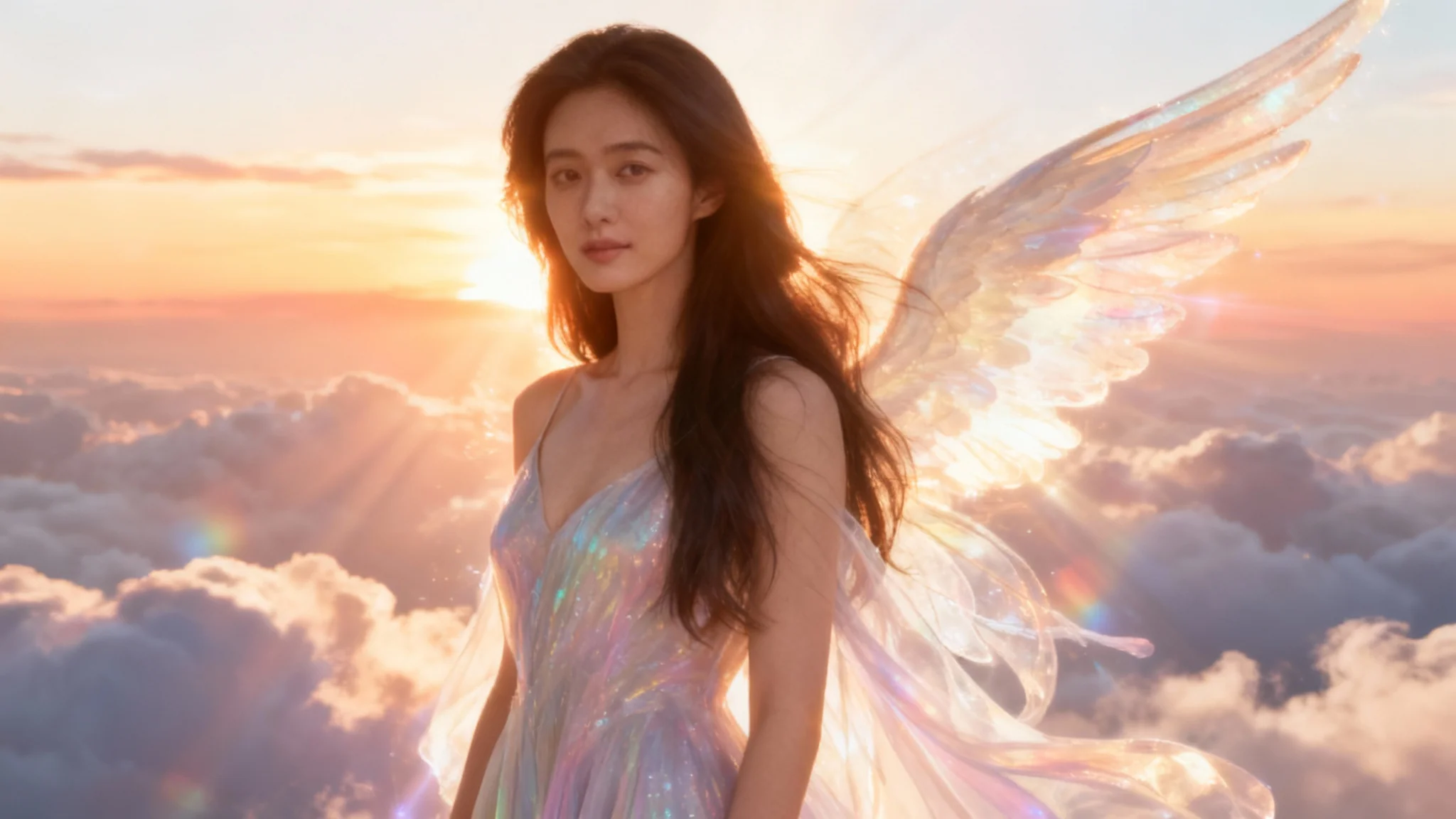 A woman with ethereal wings and a flowing gown stands in a dreamy sunset landscape, glowing with a powerful, divine white and gold light that forms a heavenly aura around her.