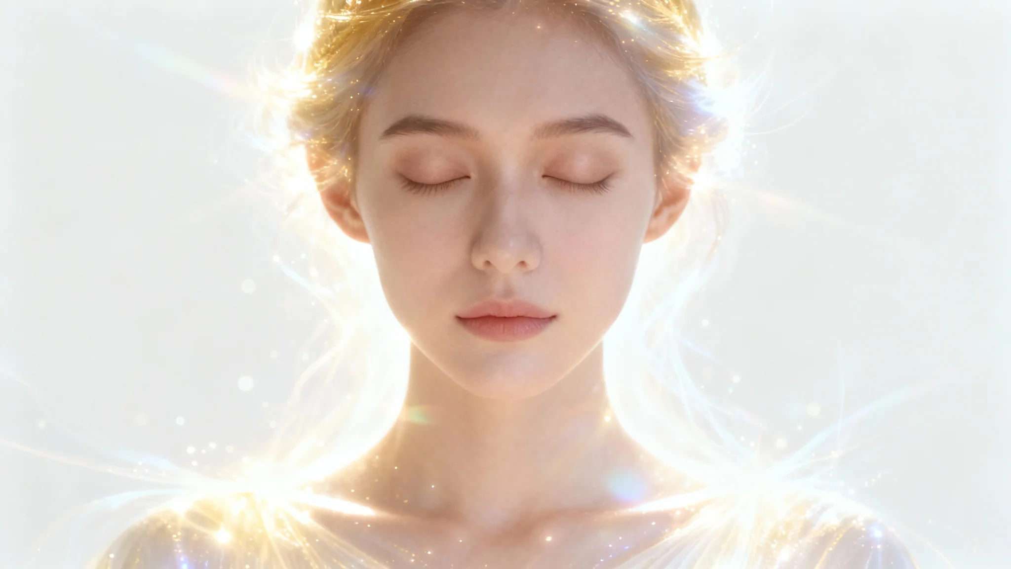 A close-up portrait of a serene person with a radiant golden and white heavenly aura glowing around them against a plain white background.