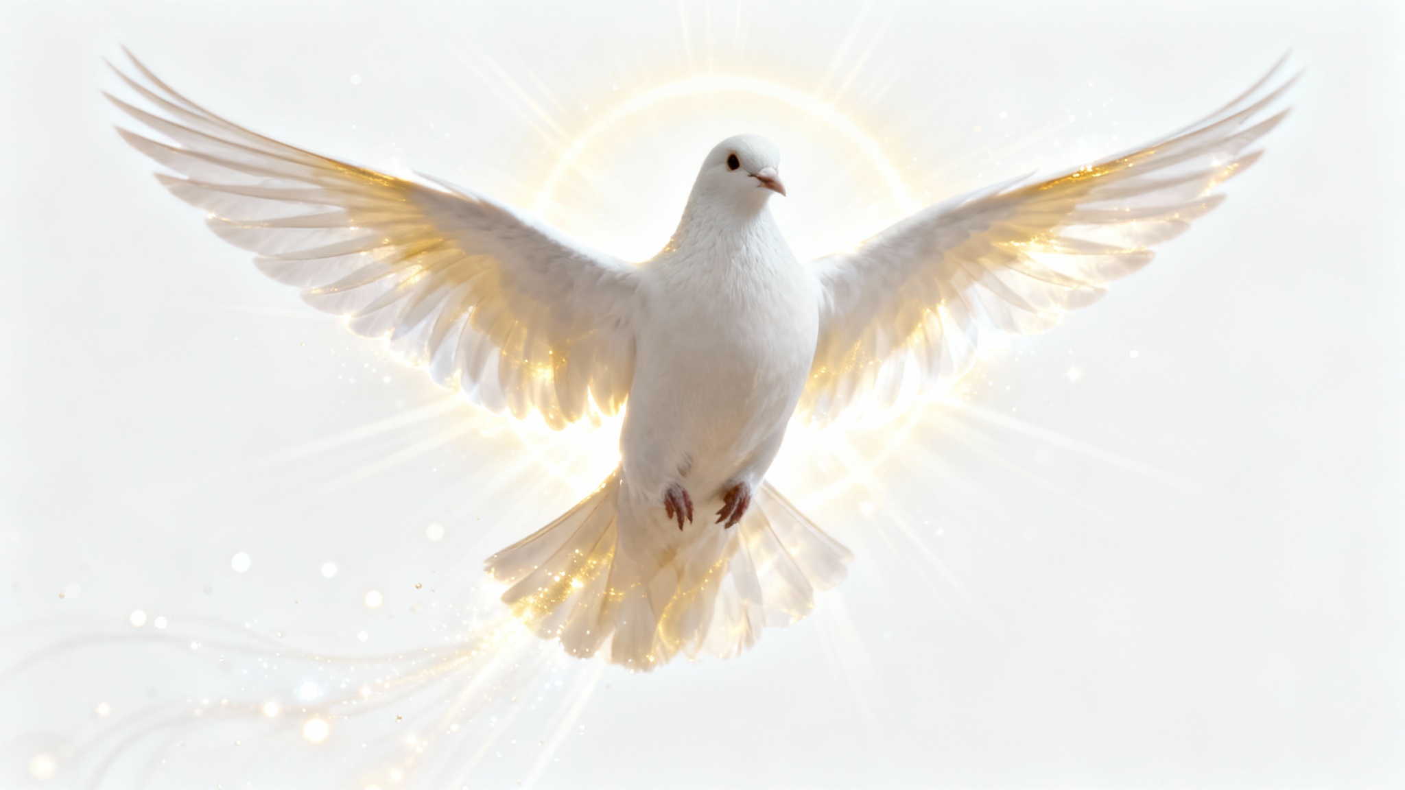A photorealistic white dove in flight against a white background, glowing with a divine, heavenly golden aura.