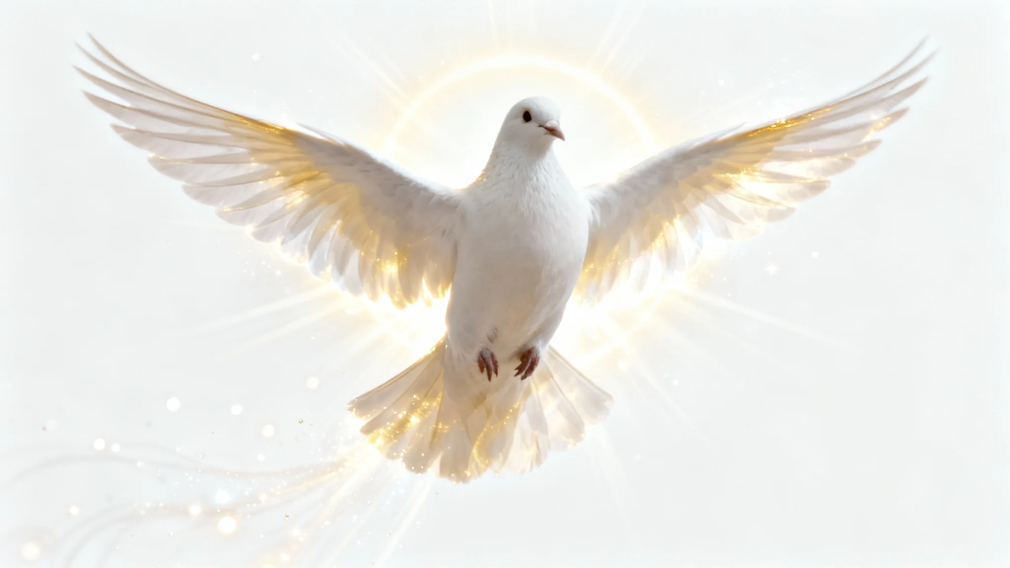 A photorealistic white dove in flight against a white background, glowing with a divine, heavenly golden aura.