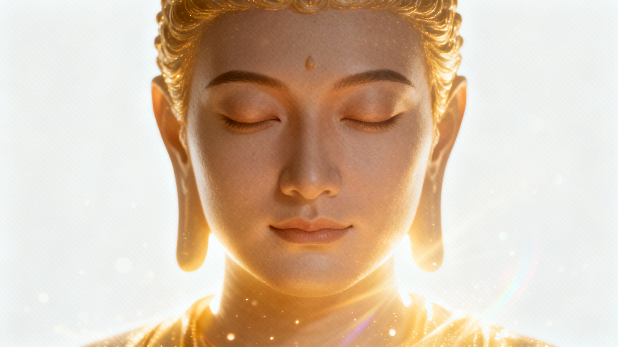 A photorealistic portrait of a person with a peaceful expression, surrounded by a beautiful, glowing golden heavenly aura against a plain white background.