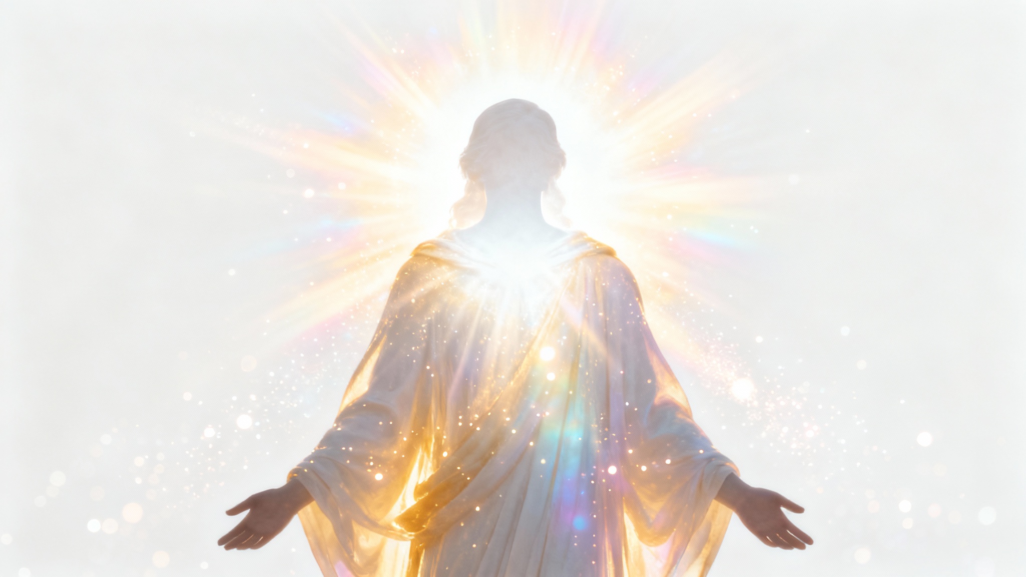 A photorealistic image showcasing a heavenly aura effect, with a person's silhouette surrounded by radiant golden and white light against a clean white background.