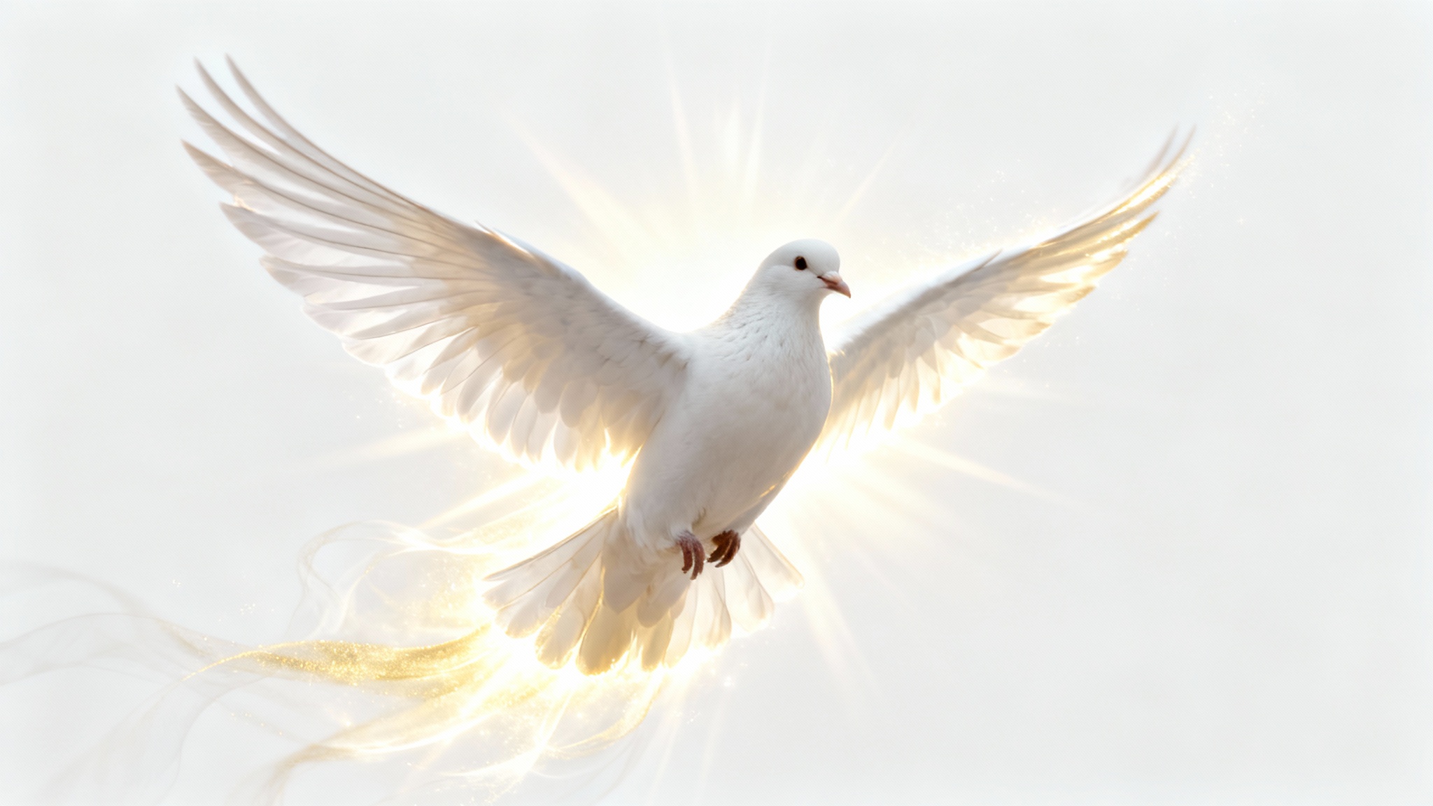 A majestic white dove in mid-flight, its wings spread wide, surrounded by a radiant golden-white heavenly aura against a clean white background.