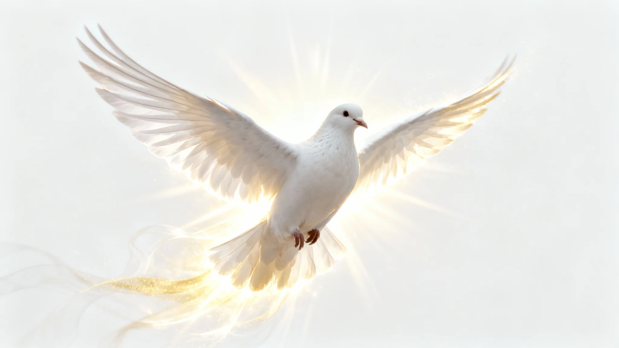 A majestic white dove in mid-flight, its wings spread wide, surrounded by a radiant golden-white heavenly aura against a clean white background.