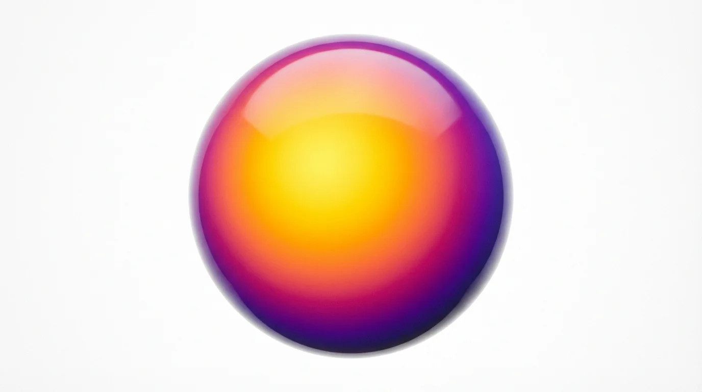 A close-up of a glossy sphere on a white background, displaying a vibrant radial gradient that shifts from a bright yellow center to orange, magenta, and violet.