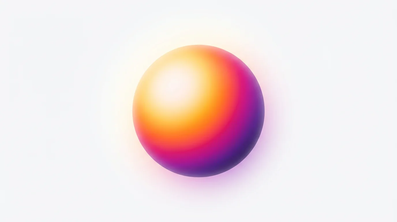 A visually striking digital artwork of a perfect sphere displaying a radial gradient. The color transitions smoothly from a bright white center to yellow, orange, magenta, and finally deep purple at the edges, all set against a clean white background.