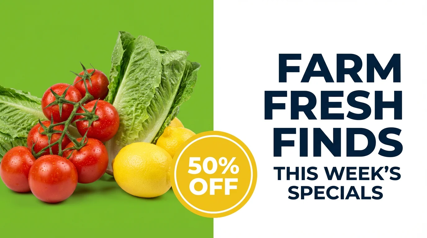 A professionally designed supermarket banner with a split green and white background. On the left, a realistic photo of fresh tomatoes, lettuce, and lemons. On the right, bold text reads 'Farm Fresh Finds' and '50% OFF'.