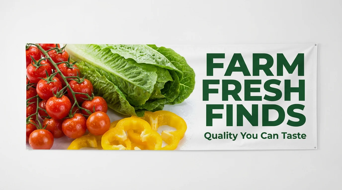 A mockup of a supermarket banner against a white background, featuring a colorful photo of fresh vegetables and text that reads 'Farm Fresh Finds' and 'Quality You Can Taste'.