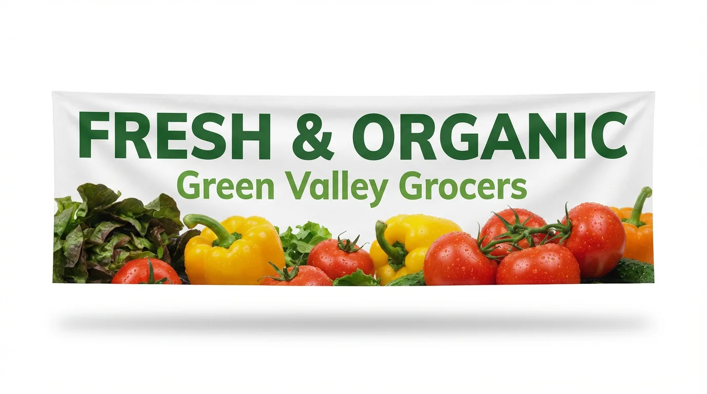 A mockup of a horizontal supermarket banner advertising fresh produce. The banner shows colorful vegetables and includes the text 'Fresh & Organic' and 'Green Valley Grocers', all set against a clean white background.