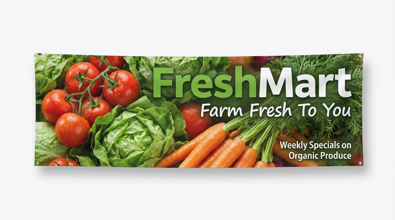 A vibrant supermarket banner mockup for 'FreshMart', advertising 'Farm Fresh To You' with a colorful display of fresh vegetables like tomatoes, lettuce, and carrots, all set against a clean white background.
