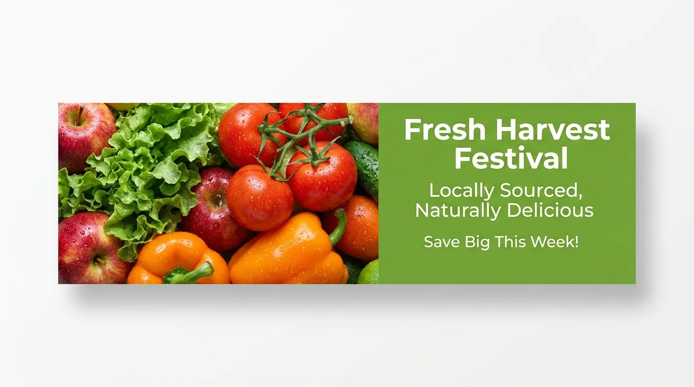 A mockup of a professionally designed supermarket banner on a white background. The banner advertises a 'Fresh Harvest Festival' with an image of fresh produce and green text.