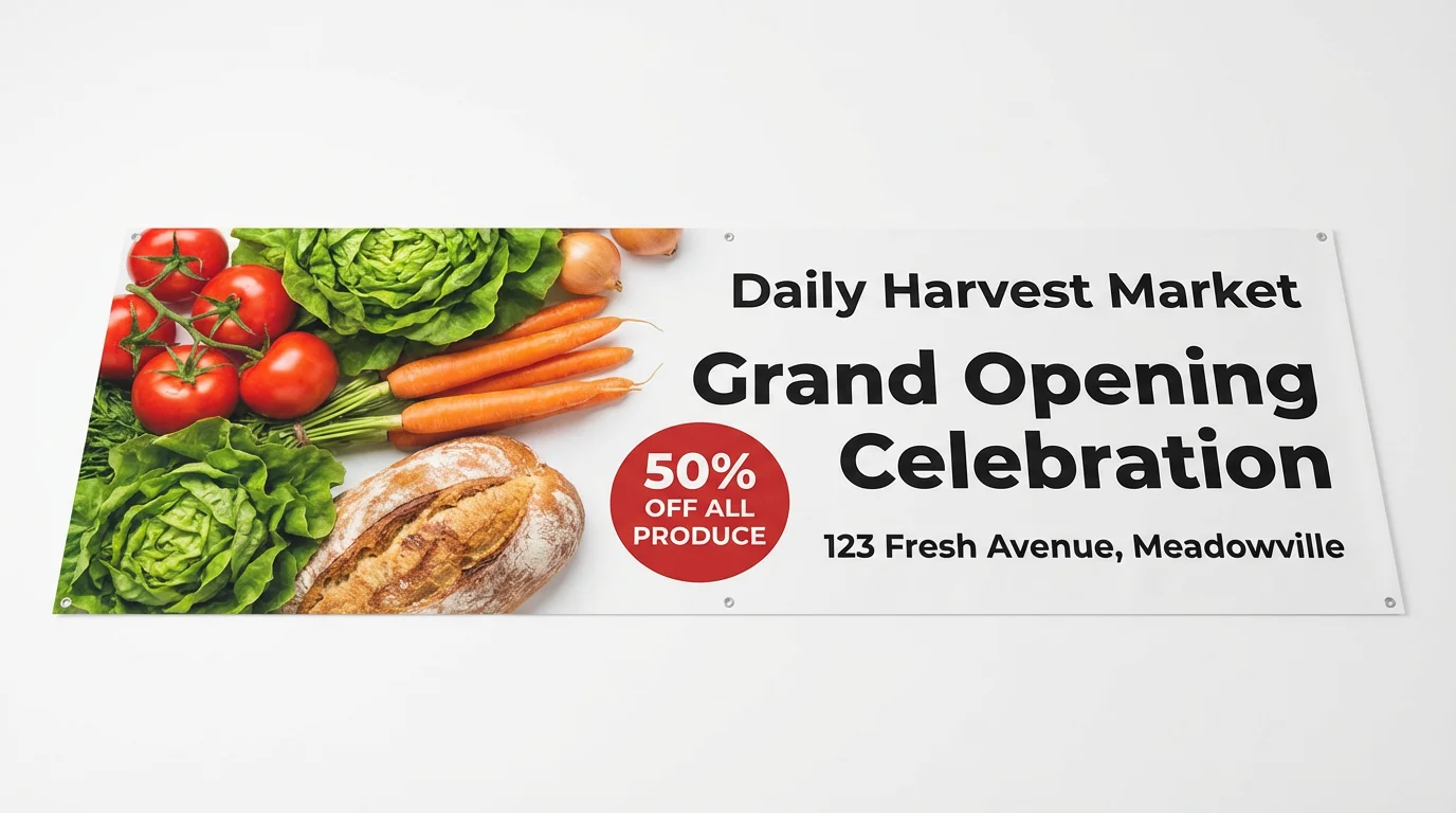 A mockup of a supermarket banner for 'Daily Harvest Market' advertising a grand opening celebration with 50% off produce, featuring images of fresh vegetables and bread on a white background.