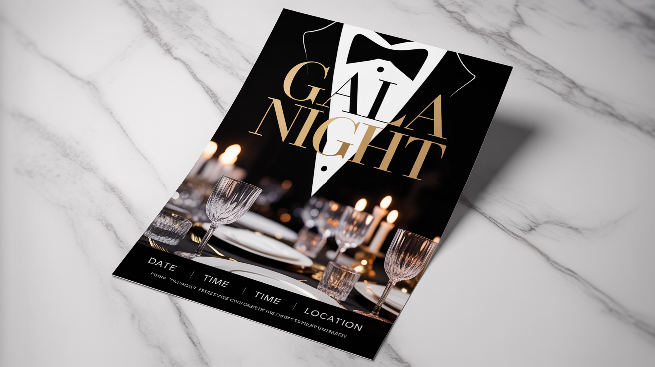 A professionally designed flyer for a 'GALA NIGHT' black tie event, featuring gold text, an image of an elegant dinner setting, and a black and white color scheme. The finished flyer is displayed on a clean white background.