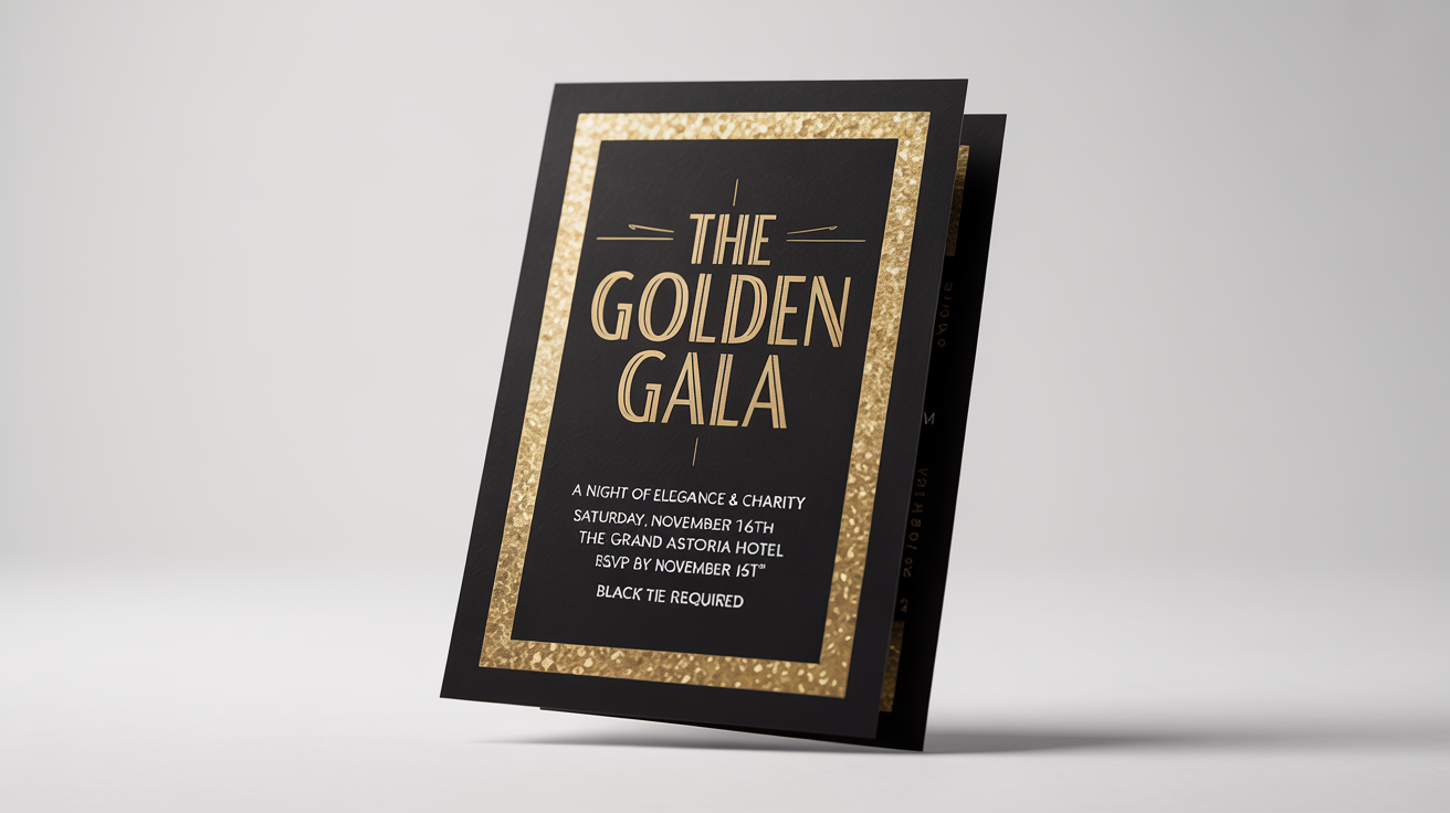 A mockup of a luxurious black tie event flyer with an Art Deco design. The black flyer features elegant gold foil text for 'The Golden Gala' and is displayed on a clean white background.
