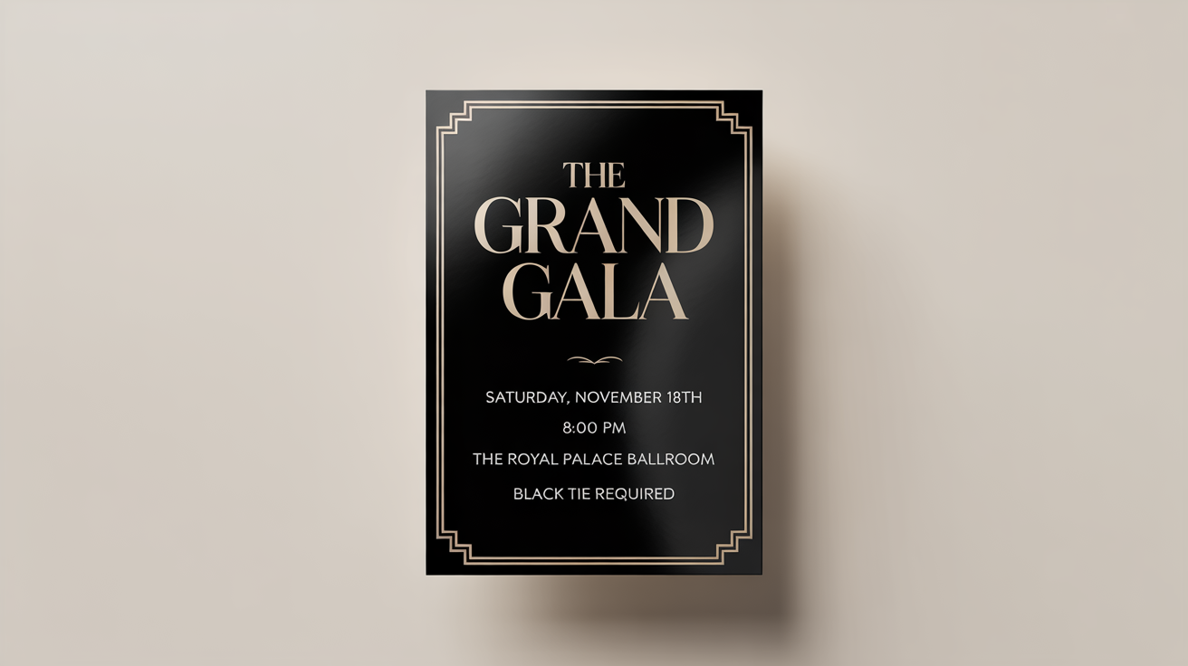 A sophisticated black tie event flyer mockup for 'The Grand Gala', featuring elegant gold foil and white text on a matte black background, placed on a solid white surface.