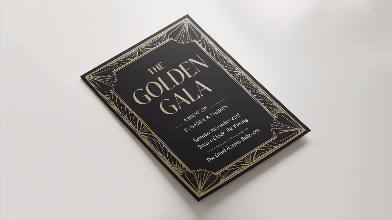 A sophisticated mockup of a black tie event flyer for 'The Golden Gala', featuring a black and gold Art Deco design, presented on a clean white background.
