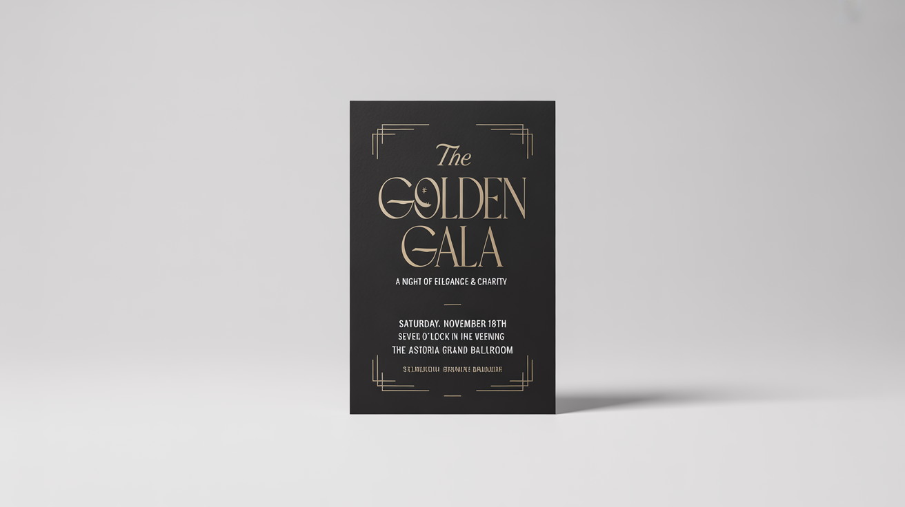 An elegant flyer for a black-tie event named 'The Golden Gala', featuring a black, white, and gold Art Deco design, presented as a mockup on a white background.