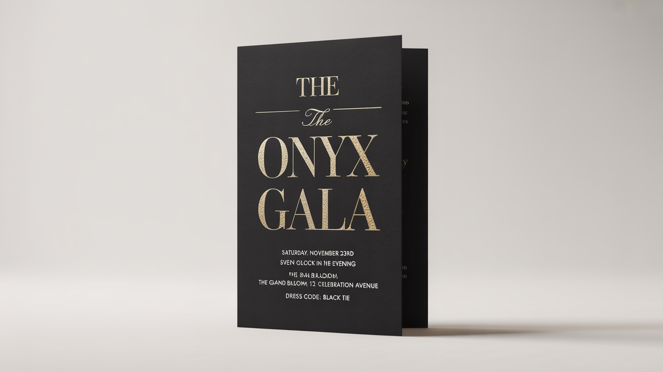 A sophisticated mockup of a black tie event flyer for 'The Onyx Gala'. The flyer is black with elegant gold foil text, presented against a clean white background.