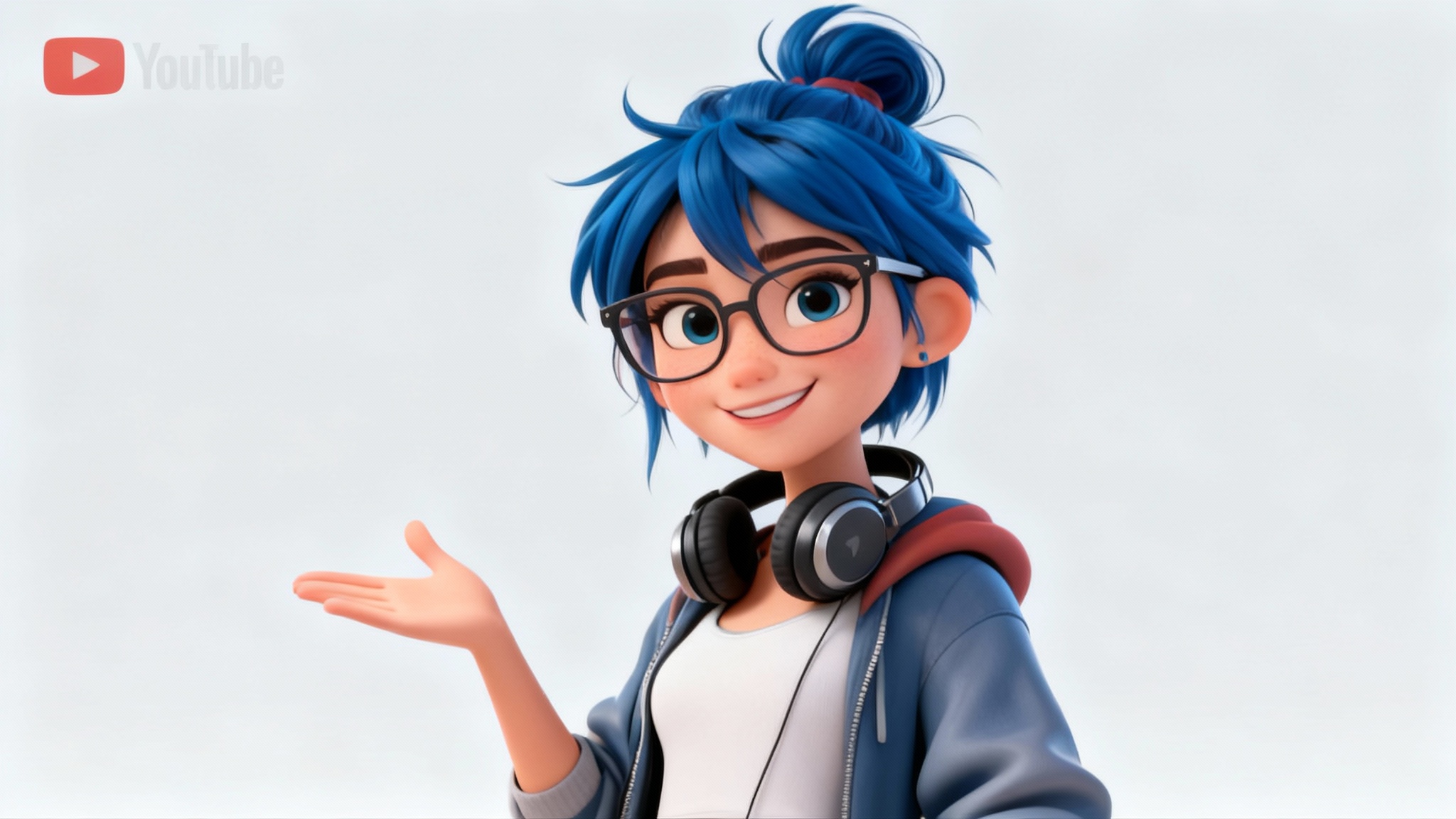 A final, professionally designed 3D YouTube character of a young woman with blue hair and glasses, smiling against a clean gray background.