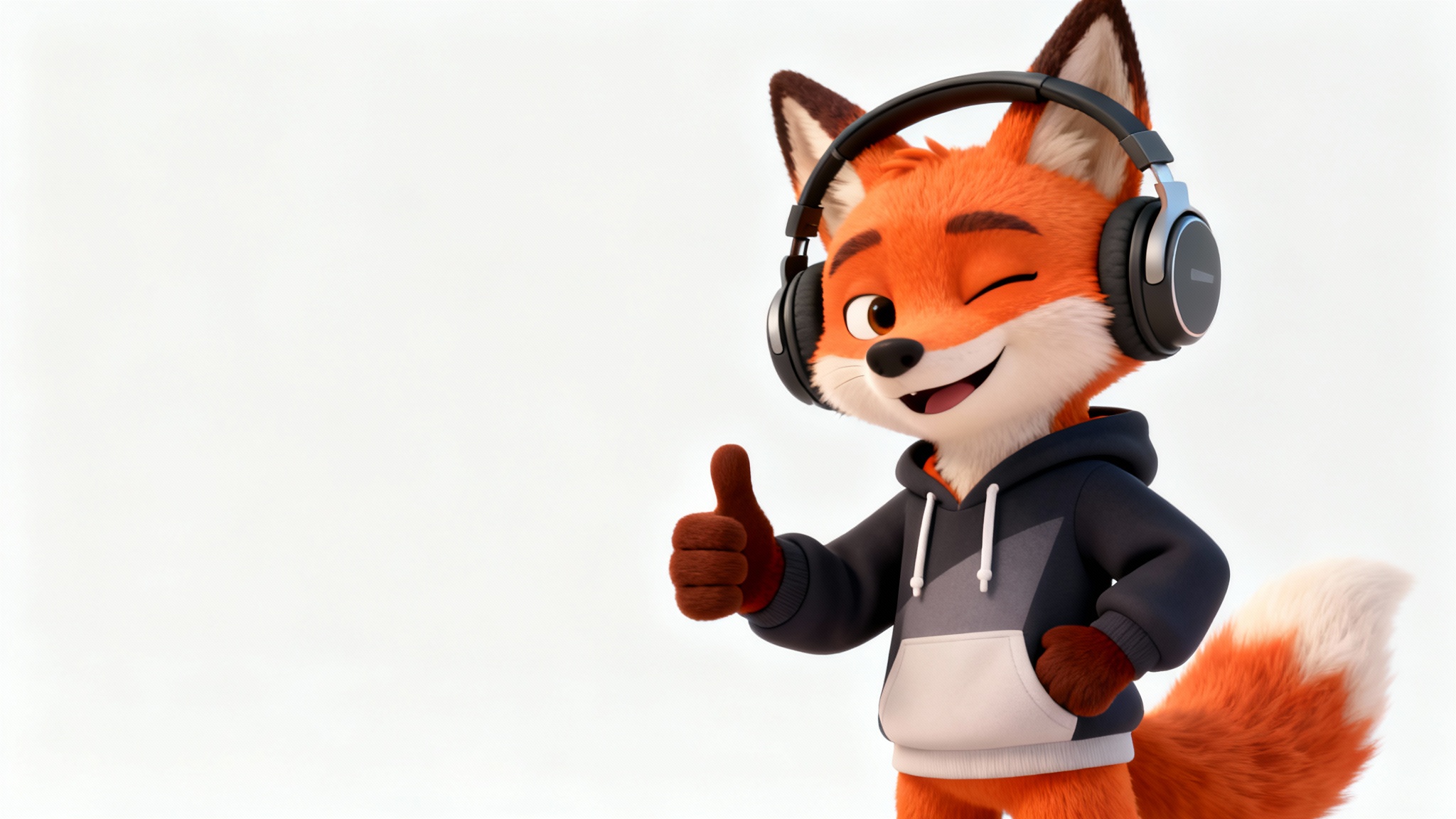 A 3D animated character of a cool fox mascot for a YouTube channel, wearing a hoodie and headphones, giving a thumbs-up against a white background.