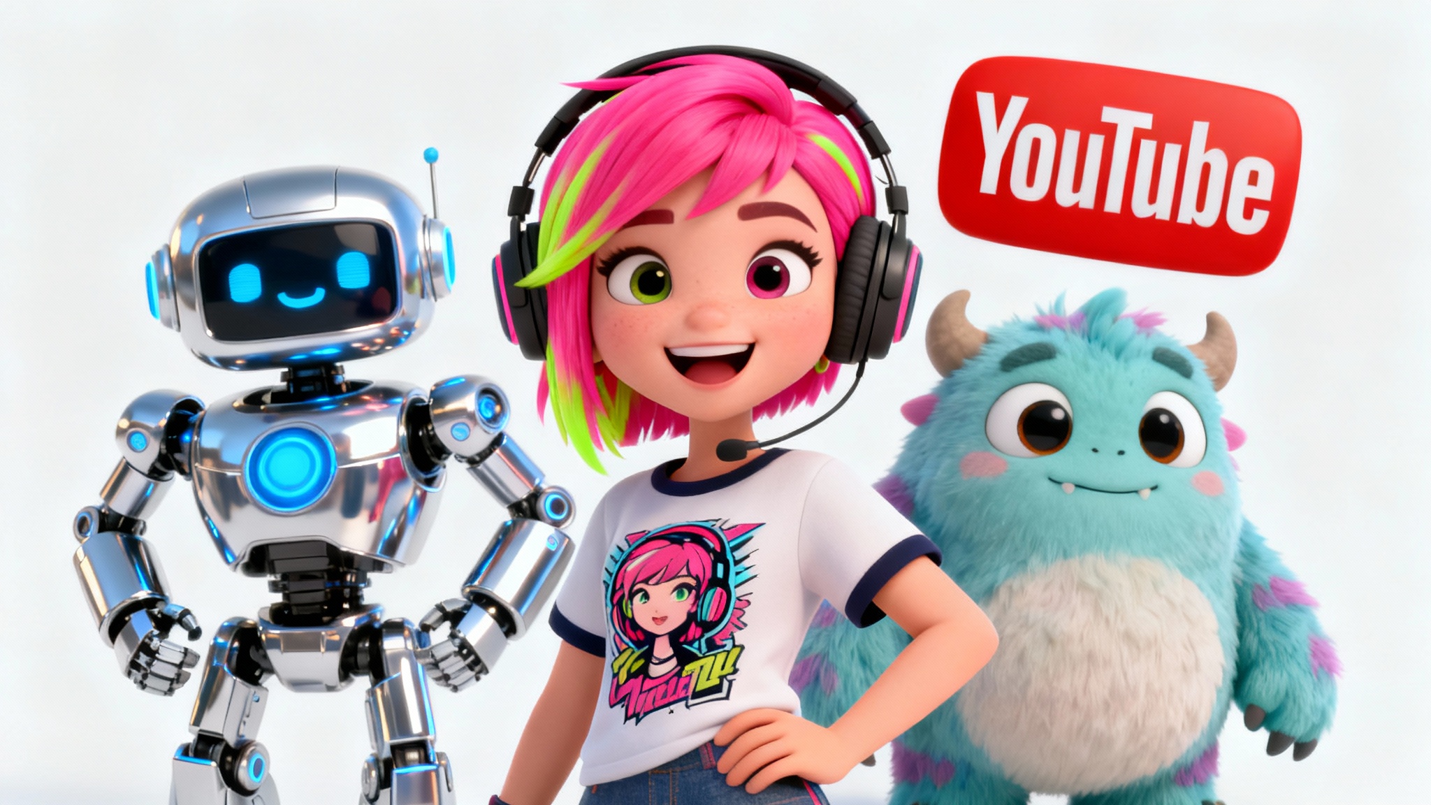 A colorful lineup of three 3D-animated YouTube character mascots, featuring a female vlogger, a futuristic robot, and a cute monster, all against a plain white background.