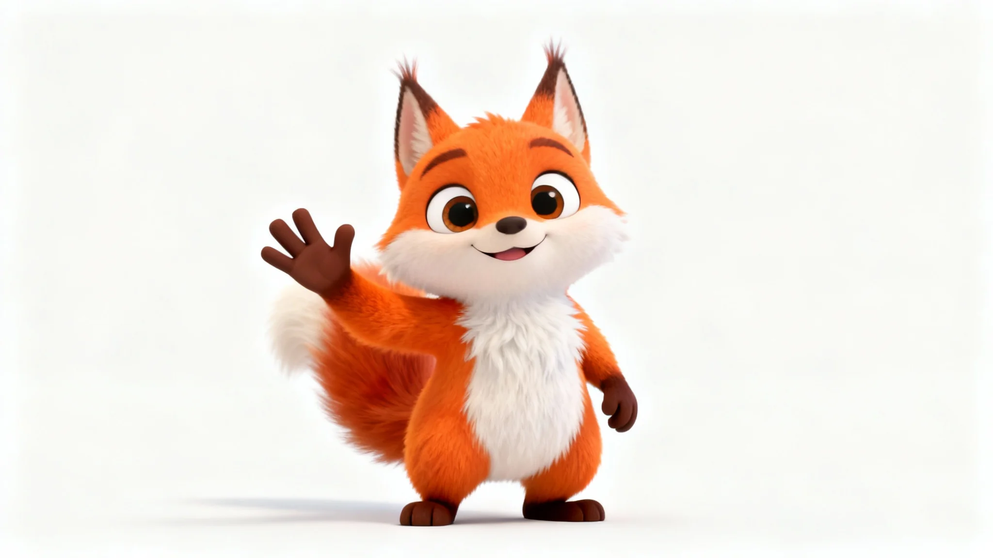 A friendly 3D animated mascot, resembling a cute orange and white fox-squirrel, waving cheerfully against a plain white background.