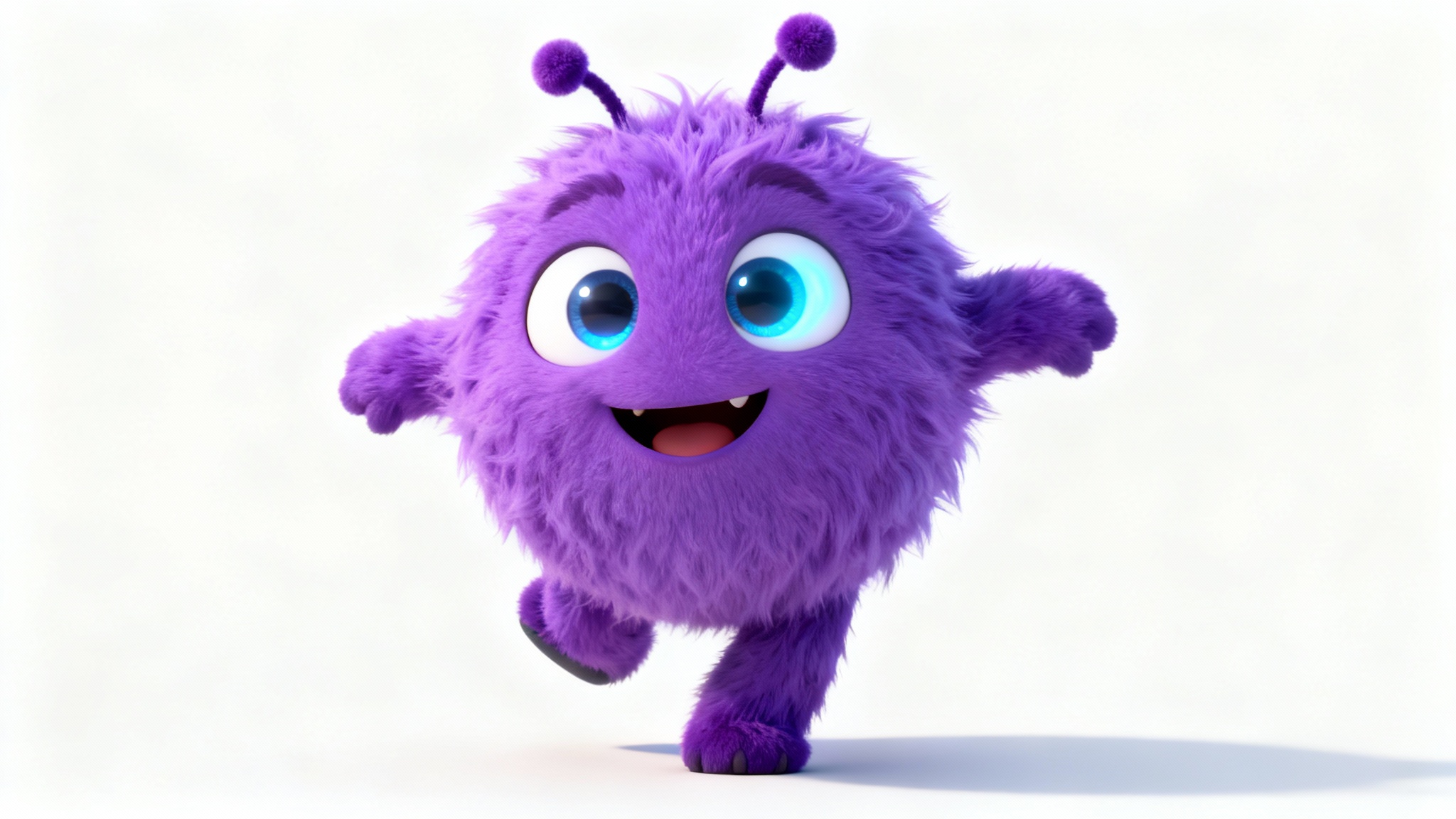 A 3D rendered, cute and fluffy purple YouTube character mascot with big eyes and antennae, striking a happy pose against a solid white background.