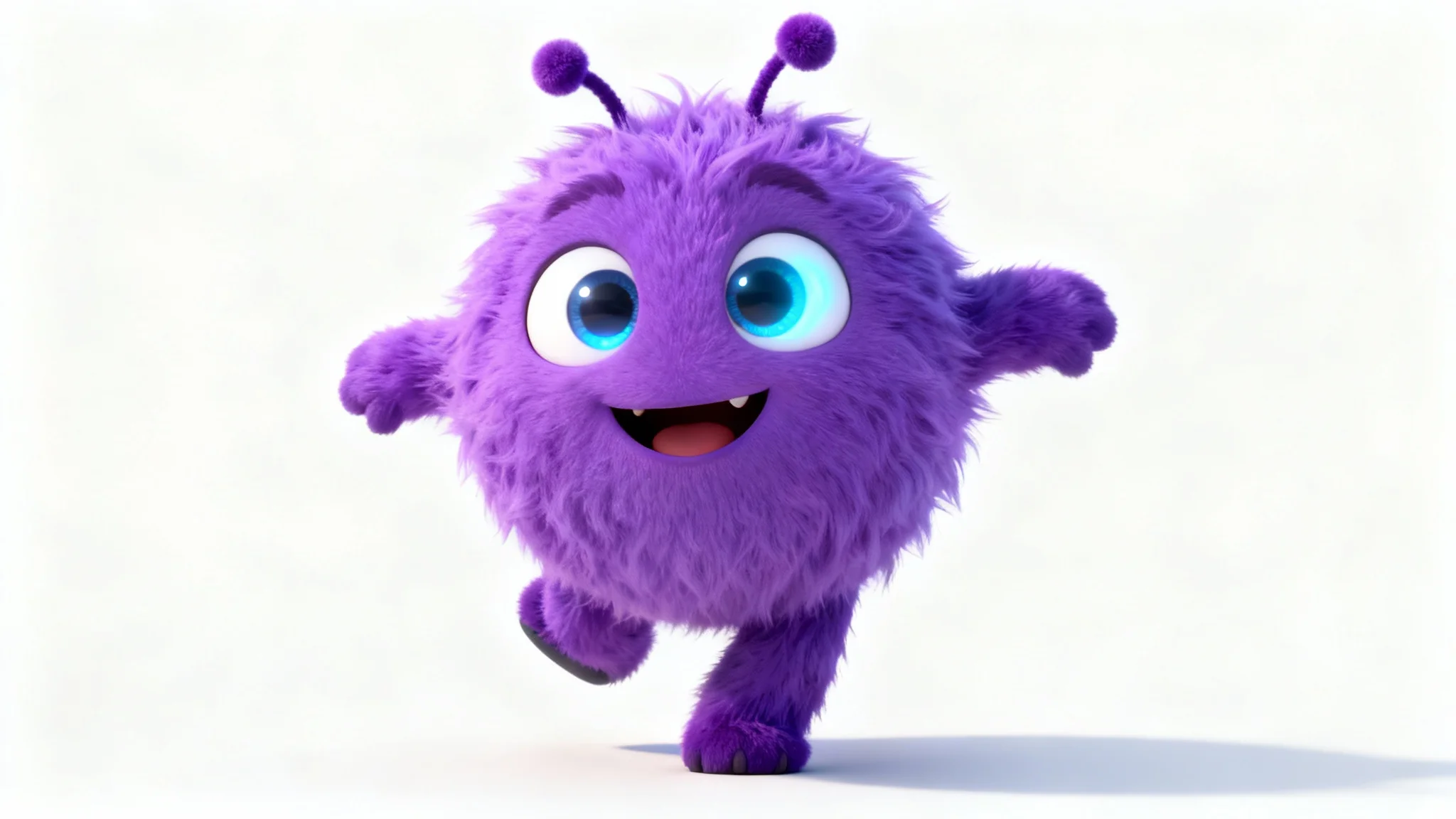 A 3D rendered, cute and fluffy purple YouTube character mascot with big eyes and antennae, striking a happy pose against a solid white background.