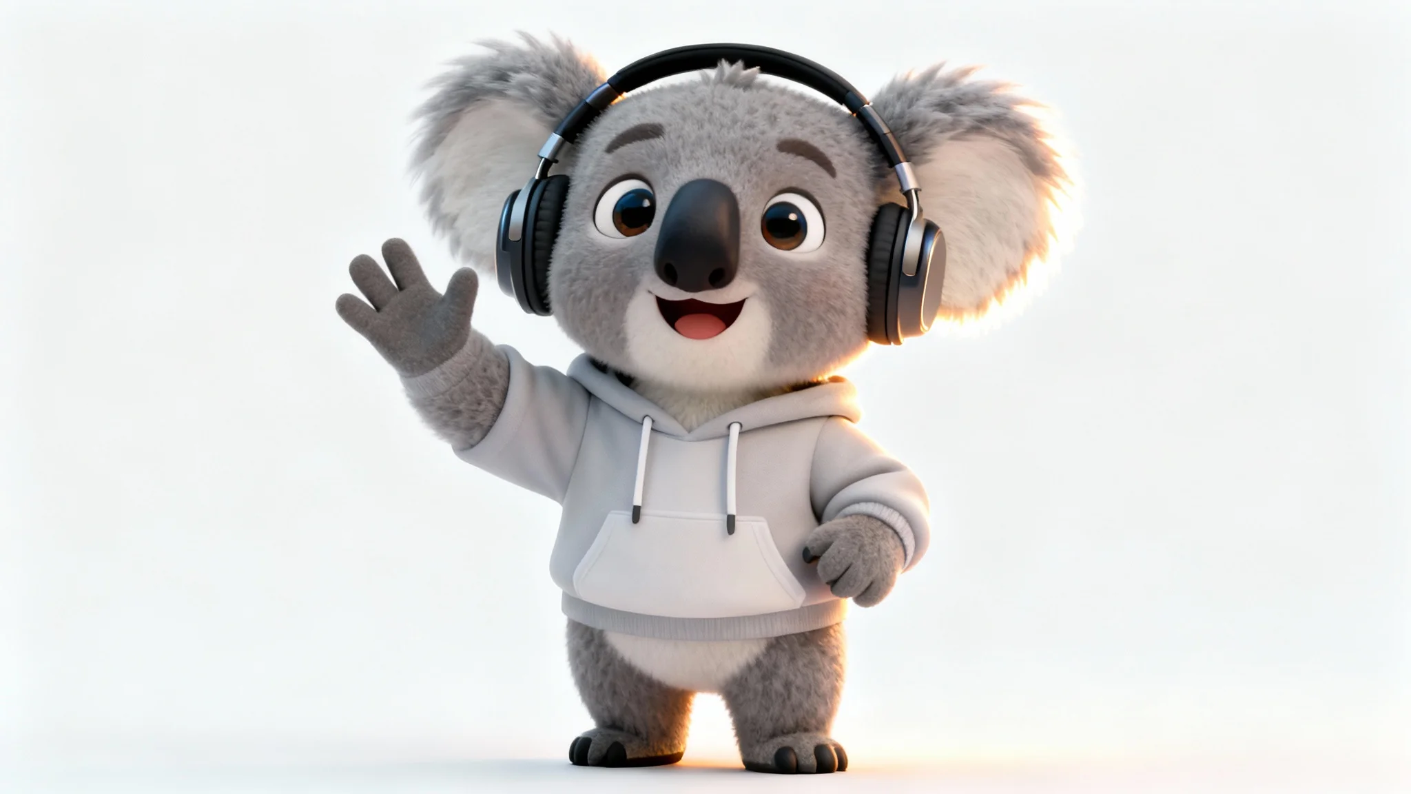 A 3D animated character of a friendly koala wearing a hoodie and headphones, designed as a mascot for a YouTube channel, waving cheerfully against a plain white background.